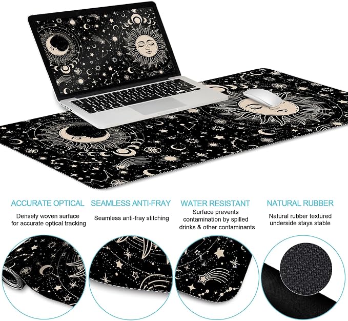 LIMKRIAN Sun Moon Mouse Pad Set Large Desk Mat Pad, Boho Desk Accessories | Ergonomic Mouse Pad Wrist Rest, Gaming Computer Keyboard Mat Wrist Support, Coaster, Home Office Desk Decor Supplies Witchy