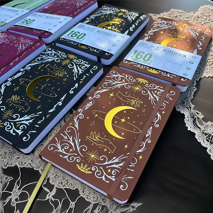 BUKE A5 Dotted Journal – 160gsm Ultra Bamboo Paper, Moon & Star Foil Cover, Flat Lay Notebook with Gift Box – 160 Pages, 5mm Dot Grid, Faux Leather Hardcover (Brown)