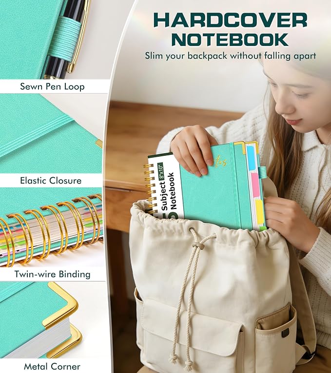 5 Subject Spiral Notebook Journal with Removable Dividers Tabs, 300 Pages Organizer Notebooks for Work School, 8"x10" Hardcover Leather Notebook College Ruled, Large Lined Journal for Women Men,Aqure