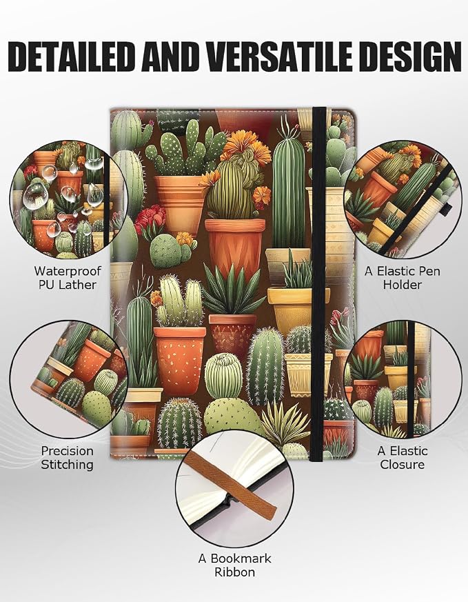 Hardcover Executive Notebooks, A5 PU Leather Lined Journal Notebook, 200 Pages Thick Paper Subject Notebooks for School,Work,Home Writing Business Notebook, Diary Book ，Cactus Plant