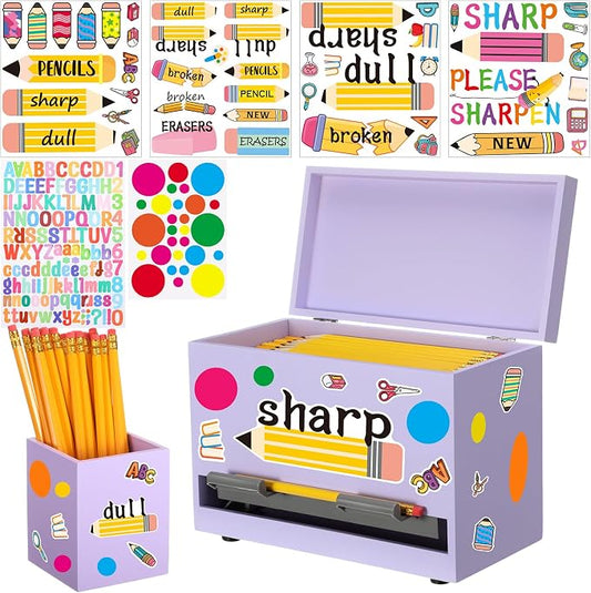 Mifoci Wooden Pencil Dispenser Kit for Classroom Wooden Pen Holder Straw Dispenser Sharp and Dull Letter Stickers for Teachers Classroom Supplies Storage(Light Purple)
