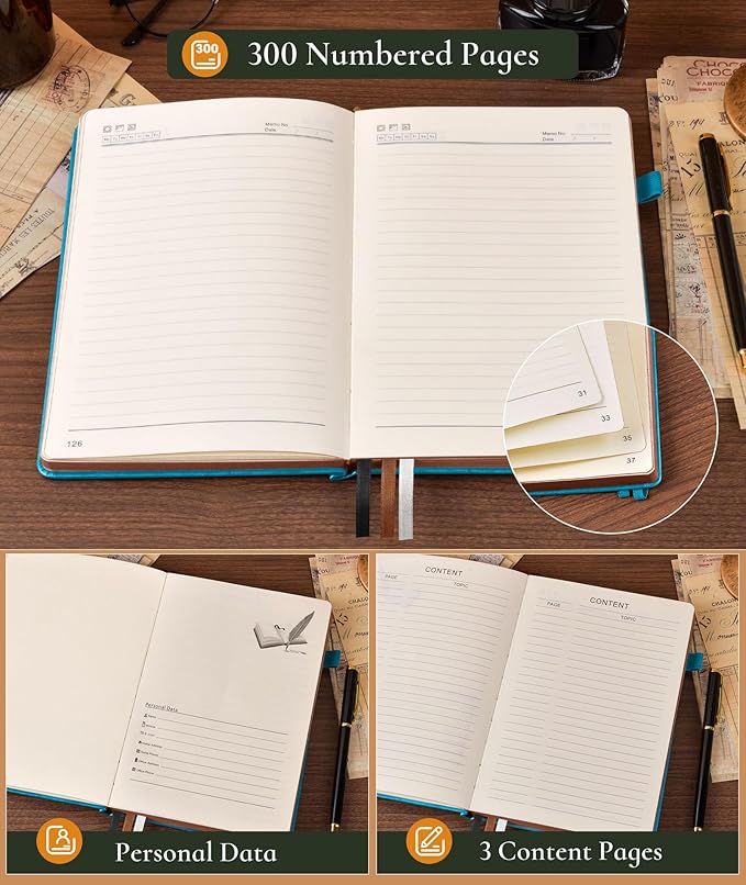 Vintage Leather Journal - 300 Page Lined Journal Notebook with Numbered Pages, A5 Notebook for Women Men,Travel Diary,Daily Journals for Writing, Note Taking, School & Work (5.8" x 8.3")