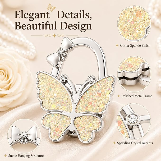 Purse Hook for Table, Foldable Handbag Hanger for Women, Portable Bag Holder with Non-Slip Base, Cute Bling Yellow Butterfly Purse Table Hook for Restaurant Office Travel Gift