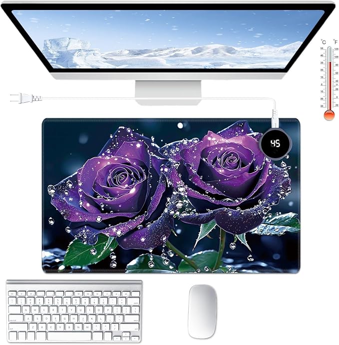 Heated Desk Pad Large Mouse Pad 23.6 x 14.1 inch with 3 Levels Heating & Auto Shut-Off Warm Mouse pad PU Leather Computer Mousepad for Home Office Work - Purple Rose Flower