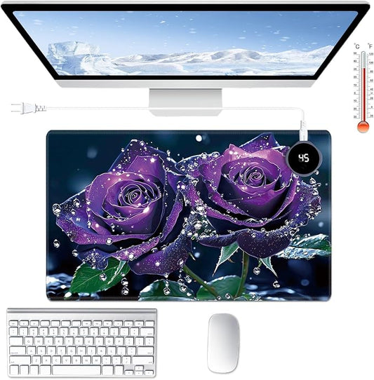Heated Desk Pad Large Mouse Pad 23.6 x 14.1 inch with 3 Levels Heating & Auto Shut-Off Warm Mouse pad PU Leather Computer Mousepad for Home Office Work - Purple Rose Flower