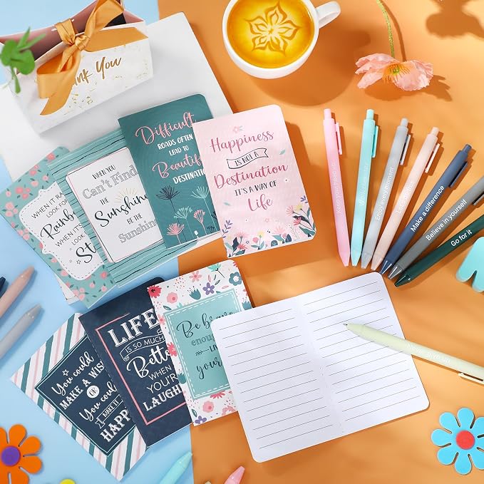Funrous 32 Pcs Motivational Quote Pens Inspirational Notepads Mini Journal with Ballpoint Pen Small Notebooks Gift for Men Women Coworker Adult Party Favors Prize Teacher Student Office(Floral)