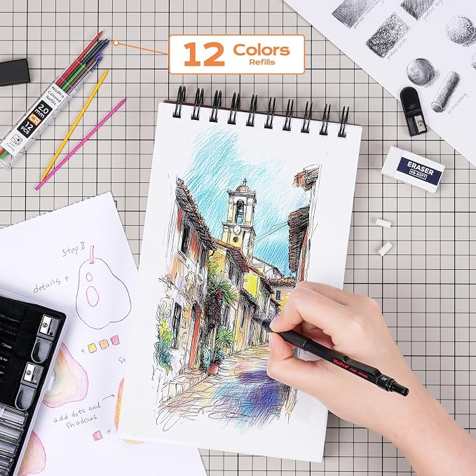 Nicpro 22PCS Art Mechanical Pencil Set， Metal Drawing Sketching With Eraser | Pencil Black Artist Drafting 0.5 & 0.7 & 0.9 mm & 2PCS 2mm Graphite Holder(4B 2B HB 2H) for Writing With Lead Refills Case