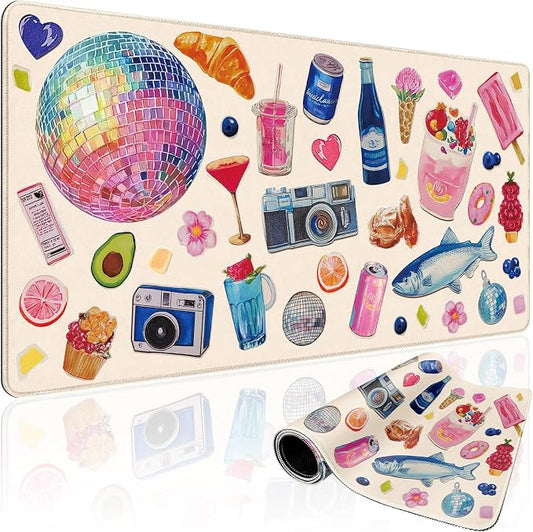 Watercolor Stickers Gaming Mouse Pad 31.5"x15.7" | XXL Desk Mat, Non-Slip Rubber Base, Stitched Edges, Extended Waterproof, PC/Laptop/Office/Home