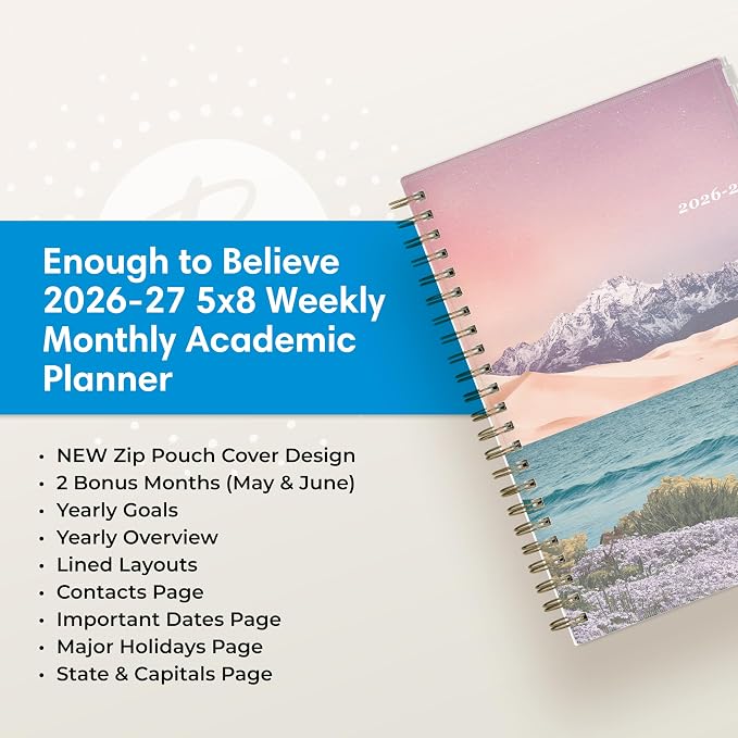 Blue Sky 2026-2027 Weekly & Monthly Academic Planner, 5"x8", Believe | July 2026 - June 2027, Flexible Cover With Zip Pouch, Wirebound, Storage Pocket, Academic Year