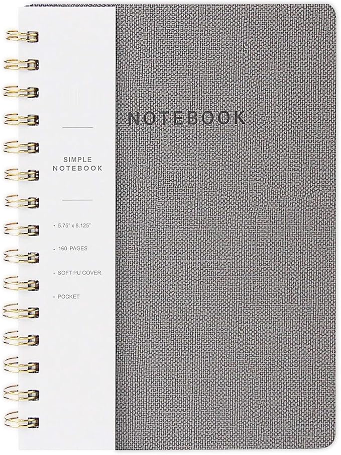 Spiral Notebook-5.75" x 8.125" College Ruled Journal with Inner Pockets and 160 Pages,PU Leather Cover Business Journal, Twin-Wire Binding Notebook Perfect for Office & Home School Supplies Grey