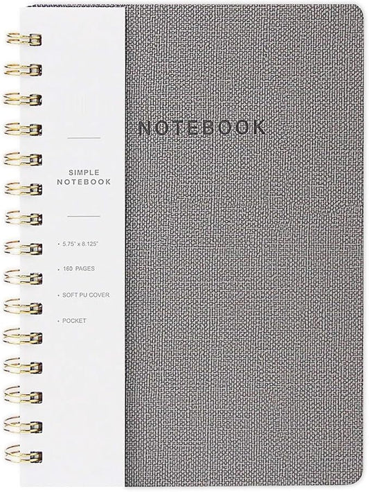 Spiral Notebook-5.75" x 8.125" College Ruled Journal with Inner Pockets and 160 Pages,PU Leather Cover Business Journal, Twin-Wire Binding Notebook Perfect for Office & Home School Supplies Grey