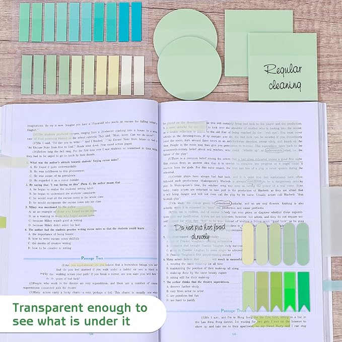 1100 Sheets Transparent Sticky Notes, Clear Waterproof 3 x 3 Sticky Notes with Pen, Translucent See-Though Note Tabs for Bible Study Book Annotation Kitchen Reminder (Green)