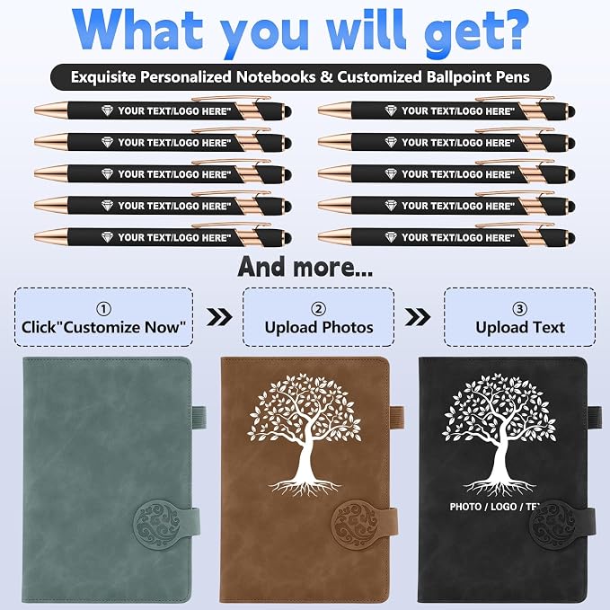 ENOMY Personalized Notebook Set with 10PC Pens Custom Journal for Writing Men Women Custom Notebook Ideal Graduation Valentine's Day Gift, Black