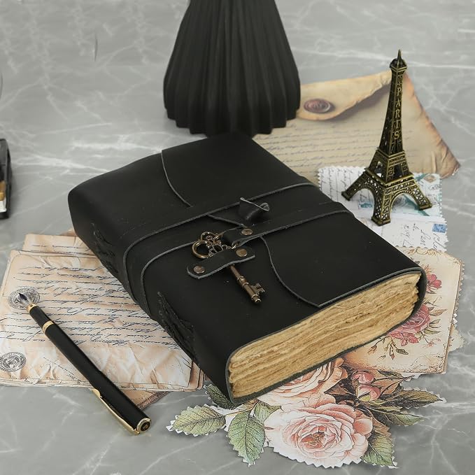Leather Journal with Deckle Edge Paper 8x6 inch and Vintage Key | Handmade Writing Notebook Diary | Bound Daily Notepad for Men & Women Medium, Sketch/Writing pad for Artists