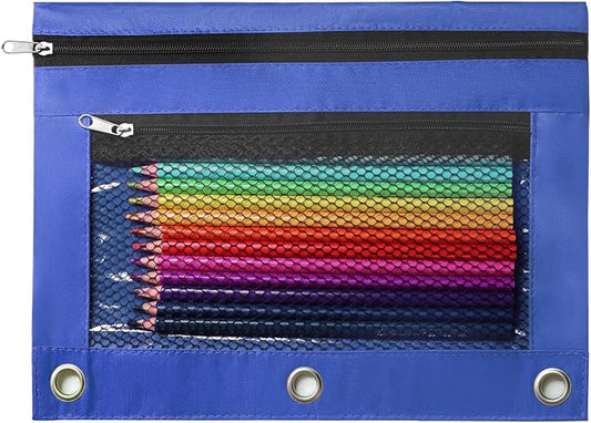 Pencil Pouch for 3 Ring Binder, Heavy Duty Canvas Dual Zipper Pen Bag with Clear Window, Smooth Metal Zipper, Fit Standard 3-Ring Binders for School Office Travel Supplies (Blue)