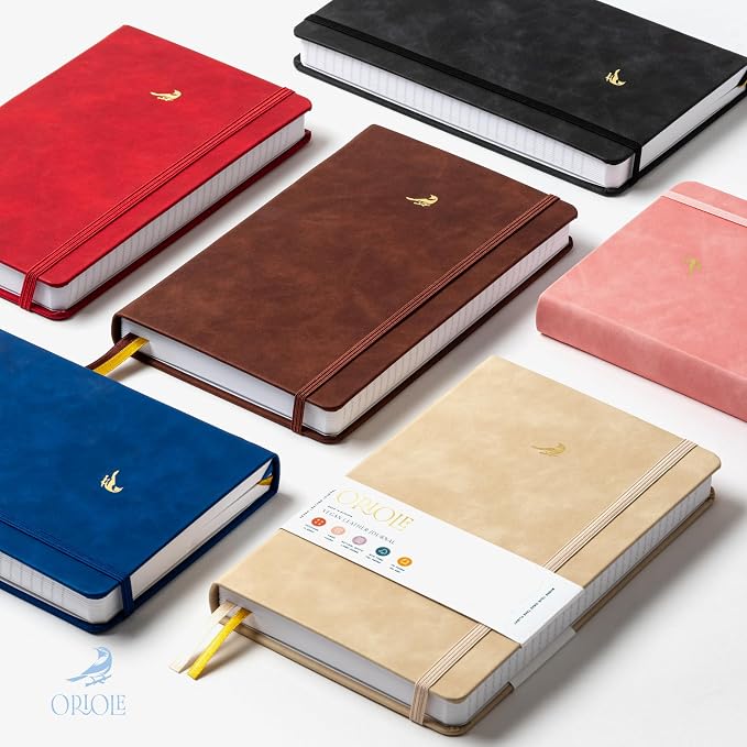 Oriole Vegan Leather Ruled Notebook - Black | 176 Pages of Thick Lined Paper | Soft Touch Hardcover Journal (5 x 8 in) with Gold Foil Bird Design & Luxury Gift Box