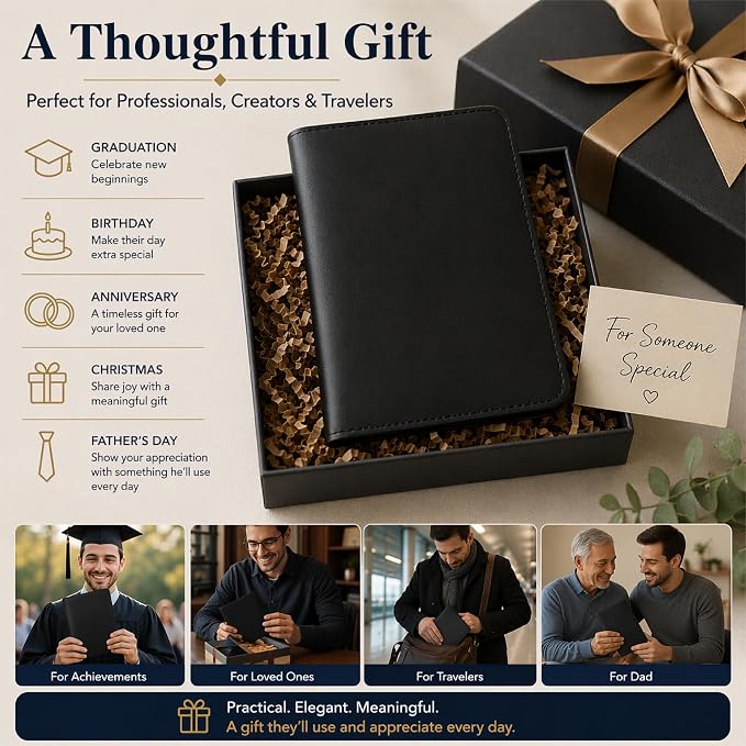 Premium Leather Journal Cover A5 – Handmade Refillable Notebook Cover Sleeve with Pen Holder for Writing, Travel & Business Use 5.75 x 8.25 (Black)