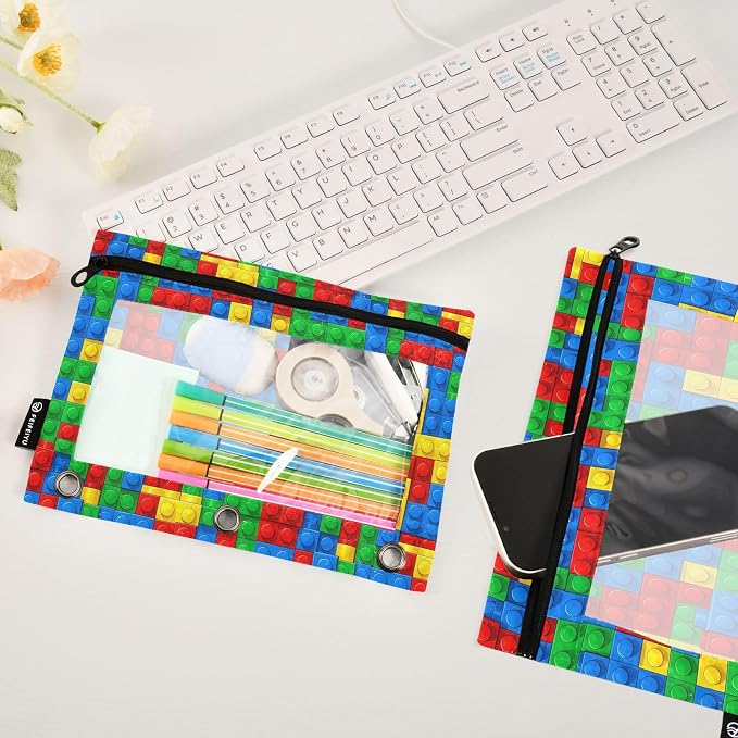 Gredecor 3 Ring Binder Pencil Pouch, Plastic Building Blocks-1 Zippered Pen Case Pouches with Clear Window, 2 Pack Stylish Office & School Supplie