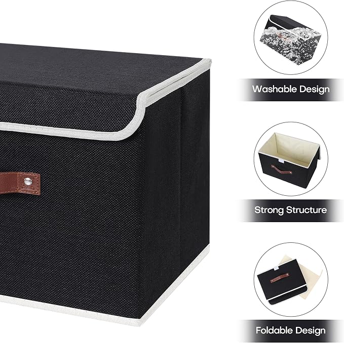 ANMINY 2PCS Storage Bin with Lid Storage Boxes with PU Leather Handles PP Plastic Board Decorative Foldable Lidded Cotton Linen Fabric Home Cubes Baskets Closet Organizer Container - Black, Medium