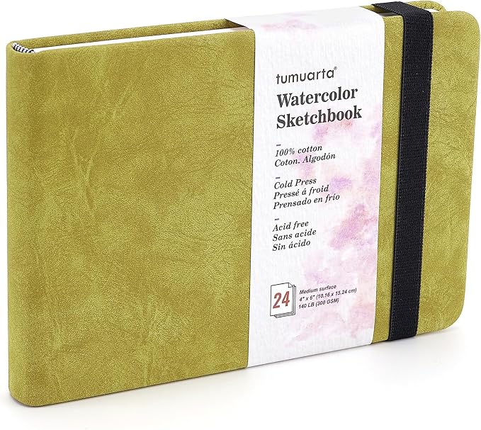 tumuarta Watercolor Sketchbook, 140 LB, 300 GSM, 100% Cotton Paper, Cold Press, 24 Sheets, 48 Pages, Watercolor Journal for Use As Travel Notebook and Mixed Media Pad On The Go (Green, 4x6)
