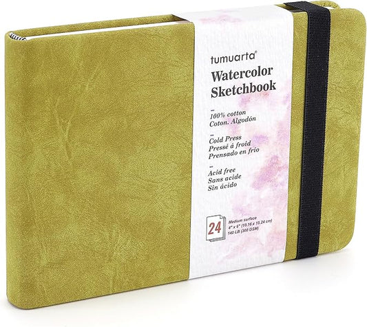 tumuarta Watercolor Sketchbook, 140 LB, 300 GSM, 100% Cotton Paper, Cold Press, 24 Sheets, 48 Pages, Watercolor Journal for Use As Travel Notebook and Mixed Media Pad On The Go (Green, 4x6)