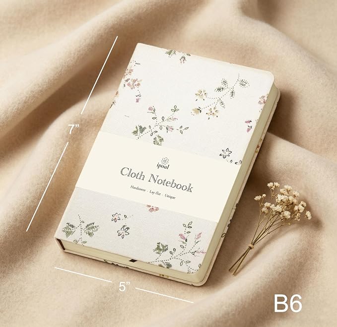 Floral Linen Notebook, Similar Embroidered, Small, 5x7, B6, Hardcover, Lay Flat, Lined & Unlined Sketchbook, Journal for Women,White