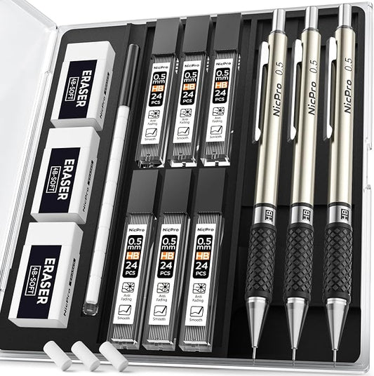 Nicpro 0.5 mm Art Mechanical Pencil Set in Storage Case, 3 PCS | Metal Drafting Pencil Lead Pencil+6 Tube HB Refills, 12 Erasers, Comfort Grip For School Writing, Artist Drawing, Sketching