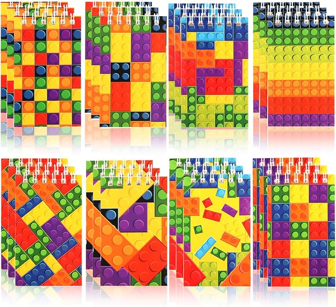 24 Pack Mini Building Block Notebooks Bulk Colorful Spiral Notepads Kids Carnival Theme Party Supplies Decoration for Teens Girls Boys Teacher Children Classroom Rewards