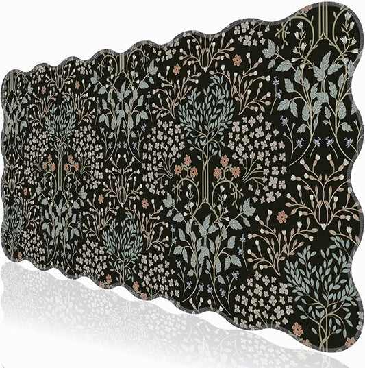 L-SPOUTTO Botanical Mouse Pad,Black Desk Mat XXL Large Scalloped Gaming Mousepad,35.4x15.12in Non-Slip Base Keyboard Pad Waterproof Desktop Mat for Laptop Computer Game Home Office-Seamless Plants