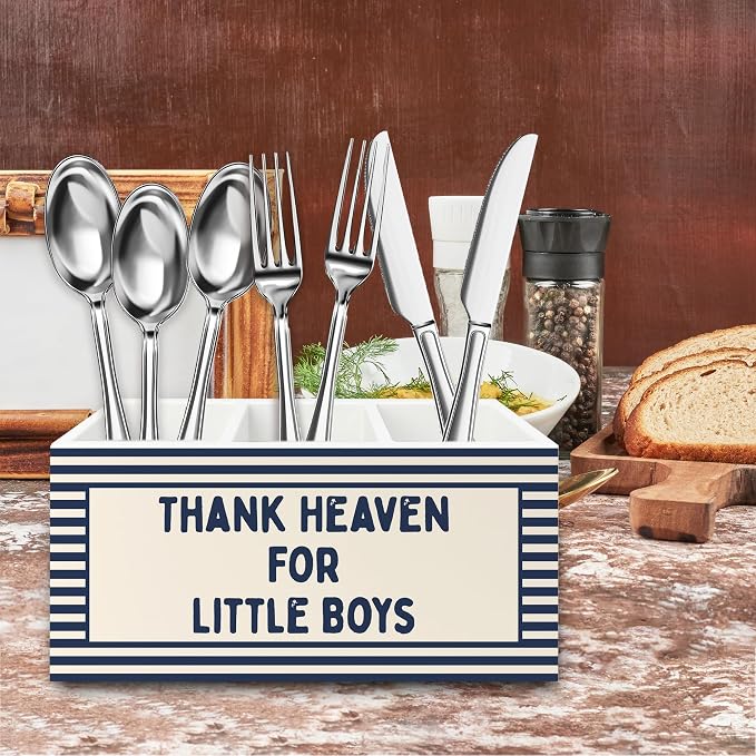 Christian Nursery Kids Pen Pencil Holder Organizer for Desk, Thank Heaven for Little Boys Blue Striped Wooden Box Signs Decorations for Boys Room Bedroom Playroom Desk Tabletop