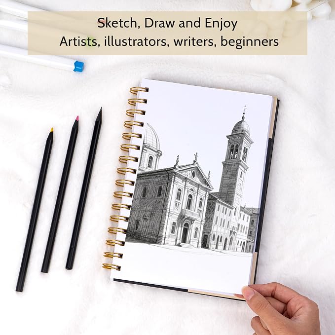 Yoment 5.5" x 8.5" Sketch Book Small Sketchbook for Drawing 100 Sheets Hardcover Spiral Sketch Pad for Kids(68lb/100gsm) Art Sketchbook Drawing Blank Paper Book for Beginners Artists with Pencil Black