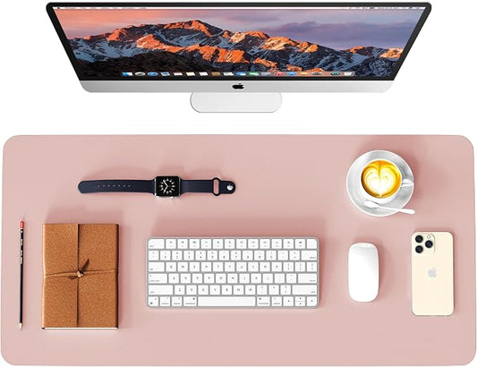 Leather Desk Pad Protector, Waterproof Mouse Pad, PU Desk Mat, Office Desk Cover, Desk Writing Mat for Office/Home/Work/Cubicle (Pink/Silver) 35.4x17 in