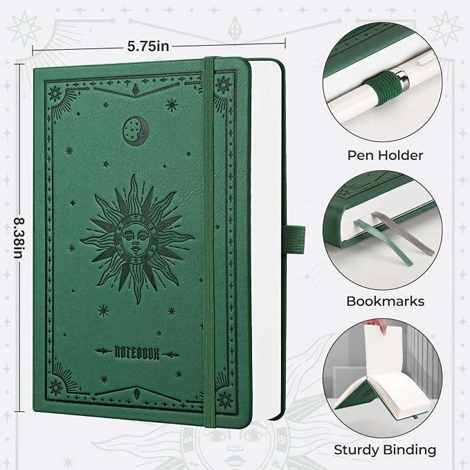 EMSHOI Graph Grid Journal Notebook, 320 Pages, A5 Size (5.7'' x 8.3'') | Leather Hardcover, 100 GSM Thick Paper, for School, Note Taking, Math, Engineering, Sun Debossed (Dark Green)