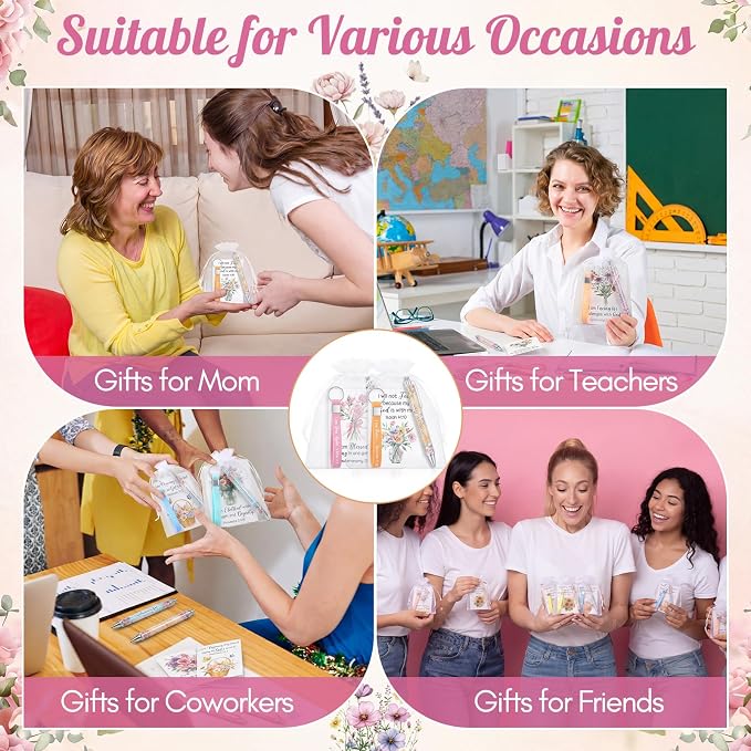 Mooliwe 24 Set Positive Affirmation Gift Set Gratitude Notebooks with Pens Keychains Small Bags Motivational Party Favors for Adult Women Coworkers Employee Group (Floral)