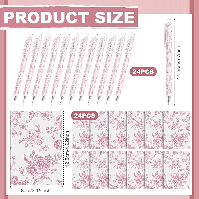 Engrowtic 24 Set Pink and White Floral Mini Notebooks and Ballpoint Pens Chinoiserie Vintage Pocket Notepads Gel Pens Small Journals for Bridal Wedding Baby Shower