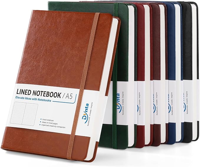 Hardcover Executive Notebooks 6 Pack, A5 Lined Journals with PU Leather Cover, 200 Pages 100 GSM Paper, Pocket, Bookmark & Strap for Office, Meetings & Everyday Writing