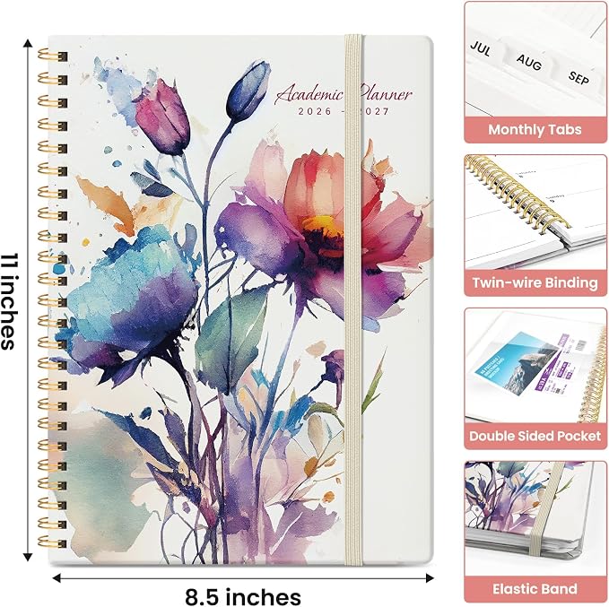 Planner 2026-2027, Academic Monthly and Weekly Calendar Planner for Women, July 2026 - June 2027, Hardcover Pretty Agenda Planner Book with Tabs, Spiral Daily Organizer for School Office Home Supplies, 8.5" x 11" - Painted Bloom