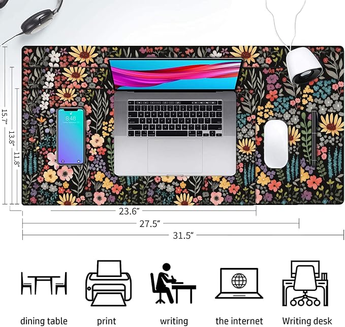 Flower Large Mouse Pad, Floral Desk Matt for Desktop, PU Leather Waterproof Desk Pad, Computer PC Laptop Protector Gaming Mouse Pads for Women Office Decor (27.5" x 13.8")