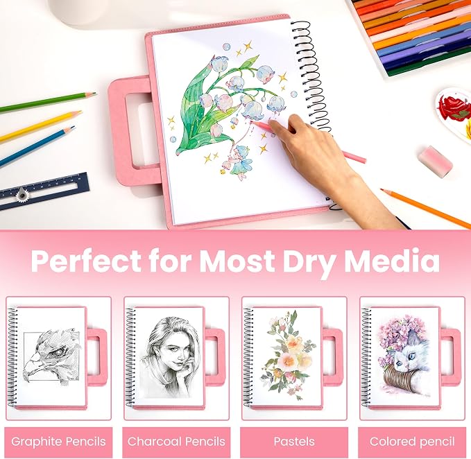 Large Sketchbook for Drawing 9"X 12" Portable Travel Spiral Bound Sketch Book with Pocket(98lb/160gsm) Hardcover Drawing Pad for Adults Watercolor Mixed Media Paper, 60 Sheets/120 Pages, Pink