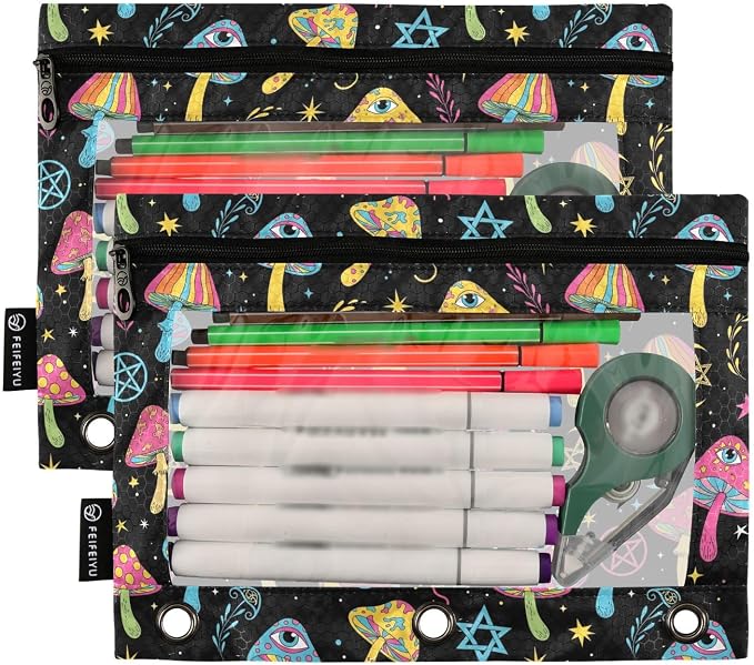 Mushroom Eyes Colorful Pencil Pouch for 3 Ring Binder 2 Pack Binder Pencil Case with Clear Window Pencils Bags with Zipper for Office School College Supplies