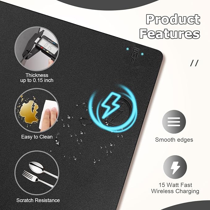 Wireless Charging Mouse Pad Firelison 2 in 1 Leather Multifunctional Office Desk Pad with Non-Slip Rubber Base, Waterproof Desk pad for Computers/Office/Work/Home/Decor（ 32" x 16"Black - R）