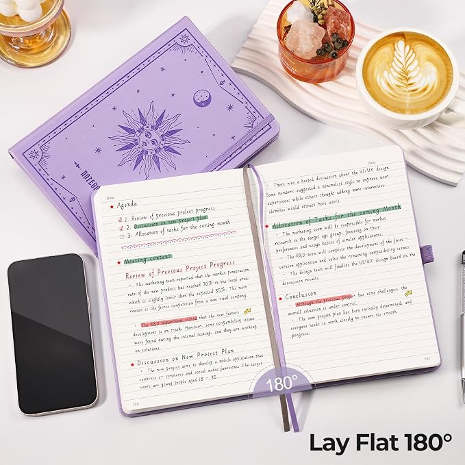 EMSHOI Lined Journal Notebook, 320 Numbered Pages, A5 Size (5.7'' x 8.3'') | Leather Hardcover, 100 GSM Thick Paper, for Women & Men, Journaling, Writing, Work & Office, Sun Debossed (Light Purple)