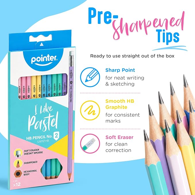 Pointer Pastel HB Pencils with Soft Eraser, Hexagonal Body, Pre-Sharpened, Assorted Colors, 12 Count | #2 HB Writing Core Pre-Sharpened Tips Built-In Erasers Hexagonal Anti-Roll Design Back to School Essential