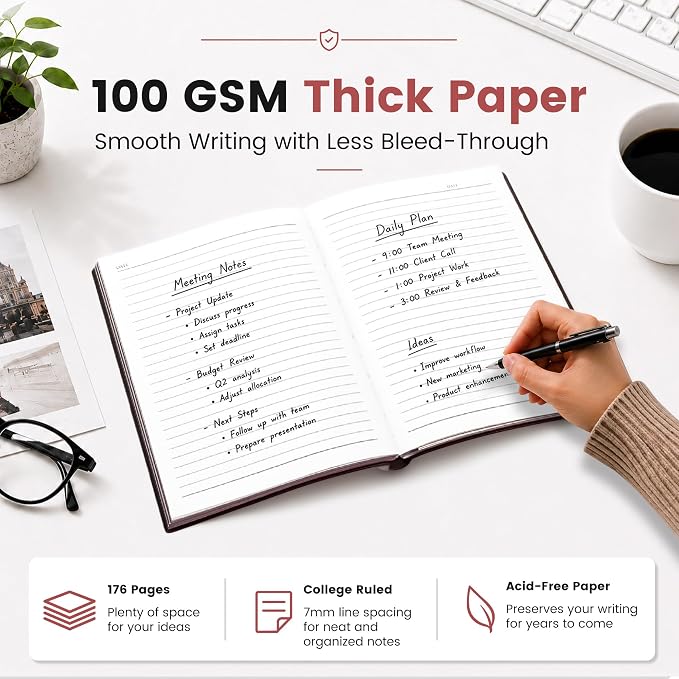 CAGIE Lined Journal Notebook for Men & Women,176 Pages A5 Medium Size, Softcover Leather Journals for Writing, College Ruled Notebook for Work & School, 100 GSM Thick Paper (5.7'' x 8.3'') (Burgundy)