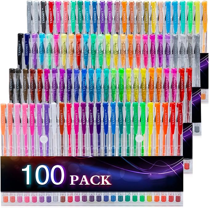 Tanmit 100 Coloring Gel Pens Set for Adults Coloring Books- Gel Colored Pen for Drawing, Writing & Unique Colors Including Glitter, Neon, Standard, Symhony, Milky & Metallic