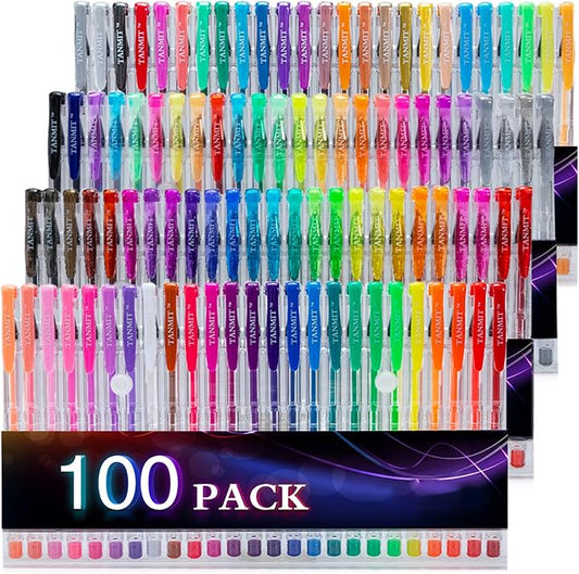 Tanmit 100 Coloring Gel Pens Set for Adults Coloring Books- Gel Colored Pen for Drawing, Writing & Unique Colors Including Glitter, Neon, Standard, Symhony, Milky & Metallic
