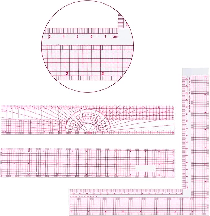 6 Pieces Clear Rulers Sewing Transparent,Plastic,Beveled,French Inch,Metric and L-Square Rulers Measuring Tool Set with 2 Grid Scales for Clothes Design