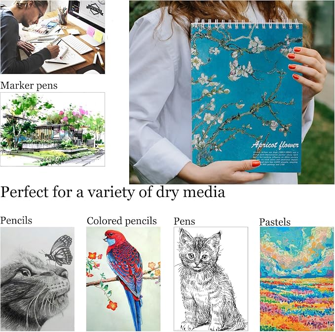 Van Gogh Aesthetic Art Mixed Media Sketchbook,98lb/160gsm Acid Free Thick Paper Sketching,Larger Blank Spiral Bound Notebook,Sketch Pad Book for Kids Student and Adult (Almond Blossoms)