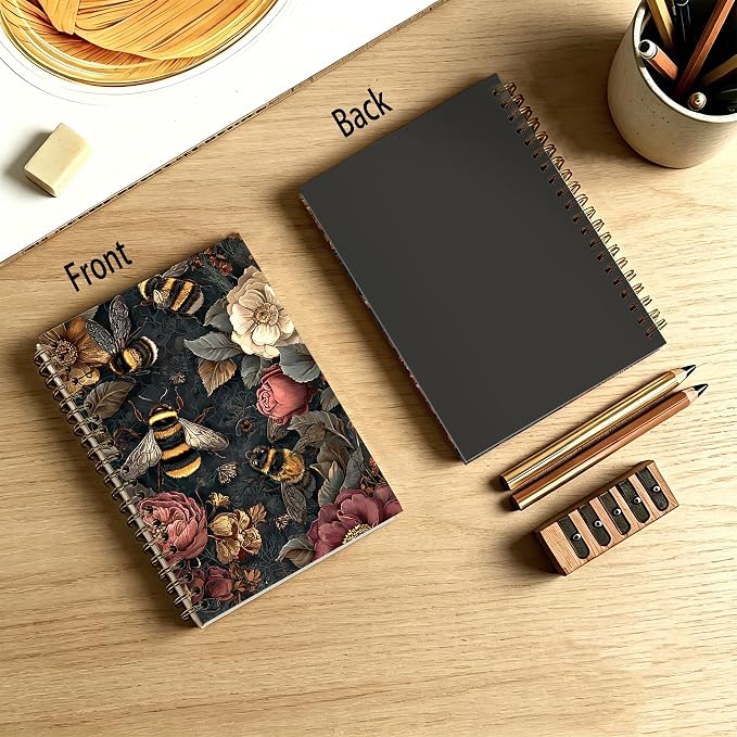 Moody Vintage Floral Bumblebee Journal Notebook 5.5x8.3, William Morris Inspired Bee Journal, Bee Gifts for Women, Dark Cottagecore Botanical Notebooks for Work