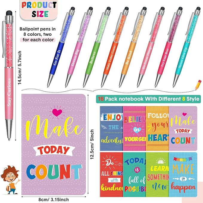Funrous 32 Pcs Motivational Quote Pens Inspirational Notepads Mini Journal with Ballpoint Pen Small Notebooks Gift for Men Women Coworker Adult Party Favors Prize Teacher Student Office(Colorful)